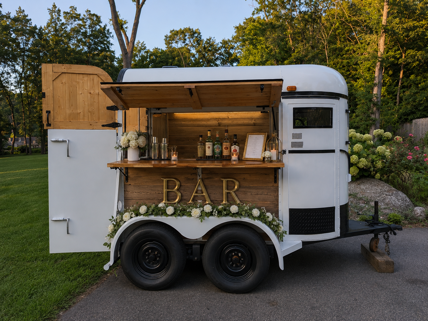 The White Pearl bar styled with florals and candlelight at golden hour