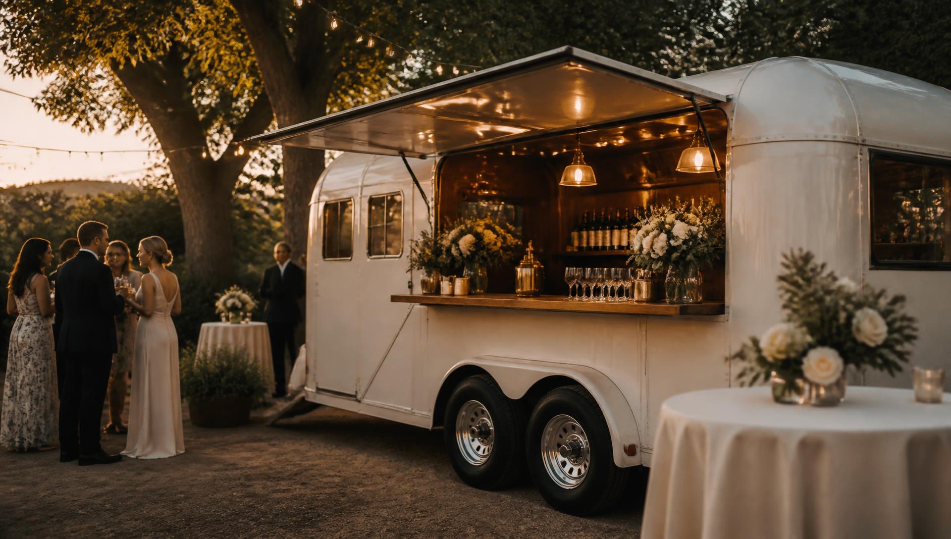 The White Pearl vintage horse-trailer mobile bar glowing at a garden wedding